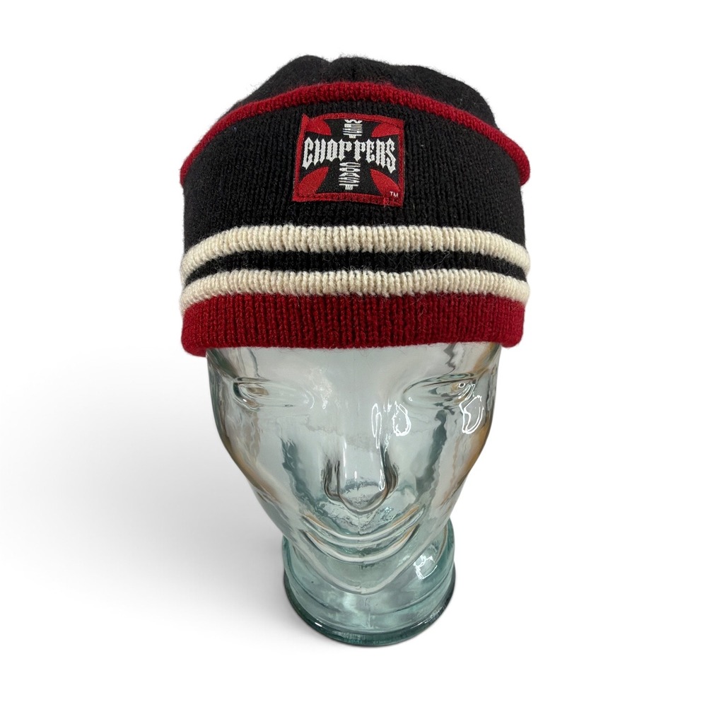 VTG 90s West Coast Choppers Beanie Mens One Size Black Red Striped Skull Logo